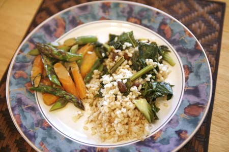Baby Carrots, Asparagus on Brown Rice With Kale Vegetarian Recipe